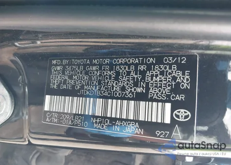 2012 Toyota Prius C Four из США, поврежденный, VIN JTDKDTB34C1007361